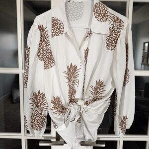 White Button-Up Top with Brown Pineapple Print